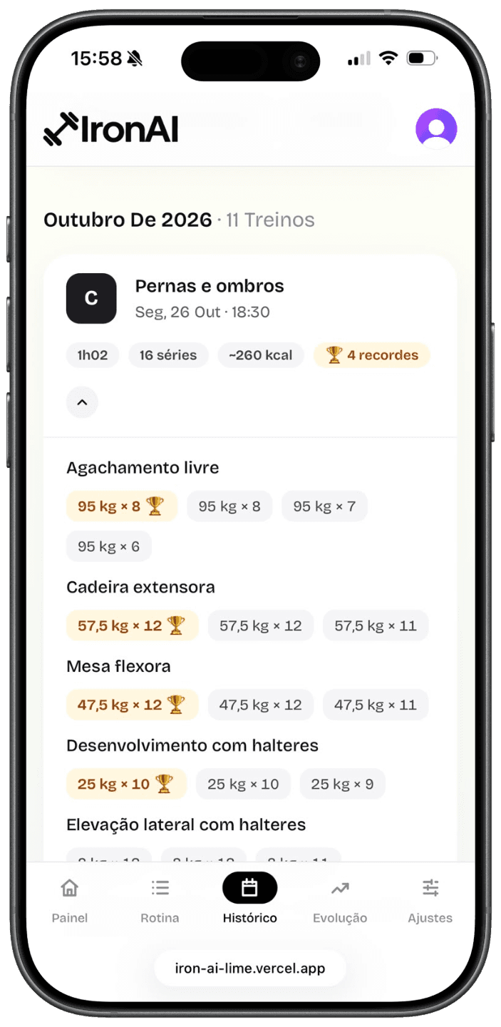 Plano de treino do dia enviado pelo Iron AI